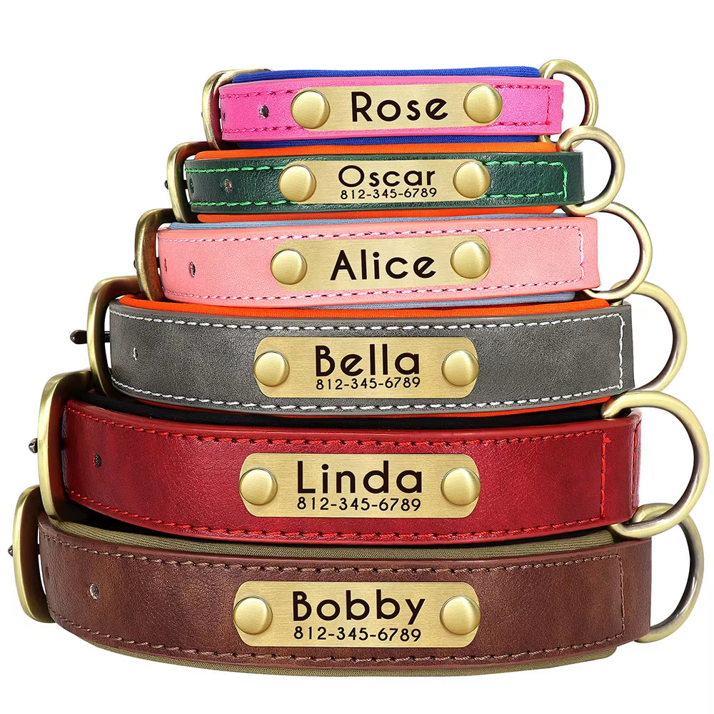 Personalized PU Leather Dog Collar with Soft Padding and Free Engraving for Small to Large Dogs - Adjustable Design