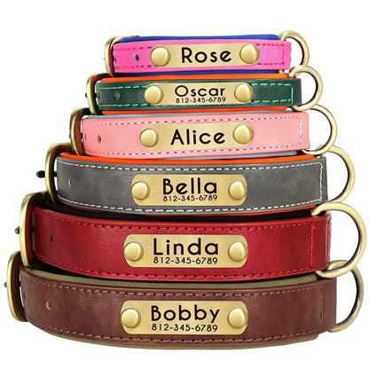 Personalized PU Leather Dog Collar with Soft Padding and Free Engraving for Small to Large Dogs - Adjustable Design