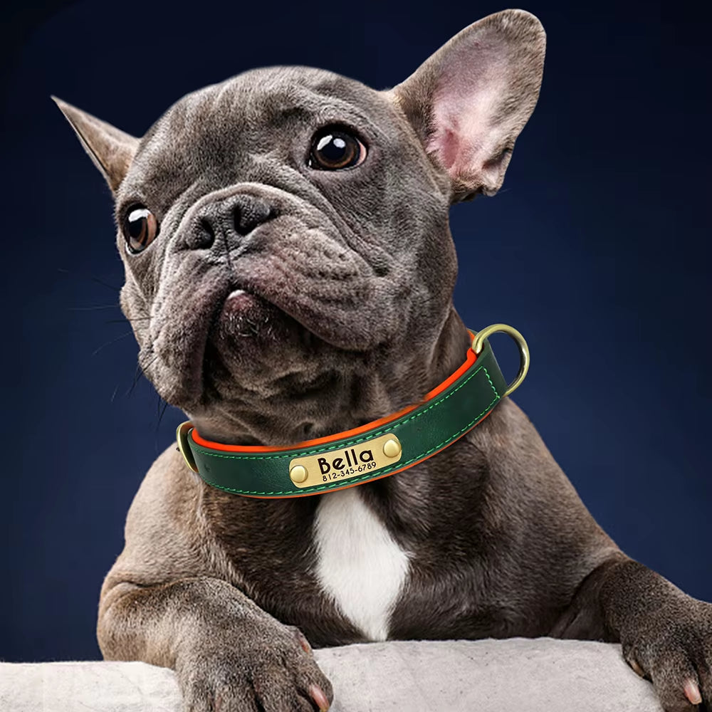 Personalized PU Leather Dog Collar with Soft Padding and Free Engraving for Small to Large Dogs - Adjustable Design