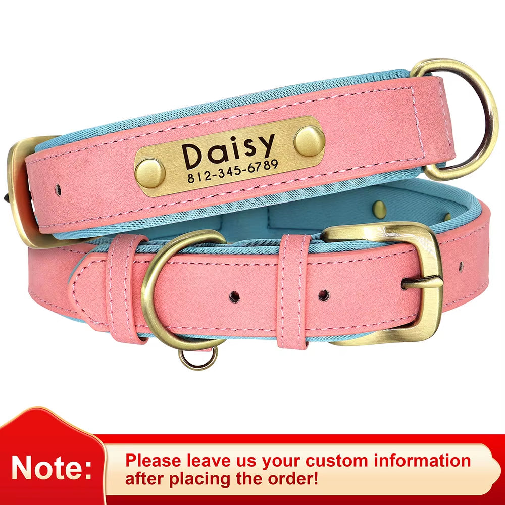 Personalized PU Leather Dog Collar with Soft Padding and Free Engraving for Small to Large Dogs - Adjustable Design