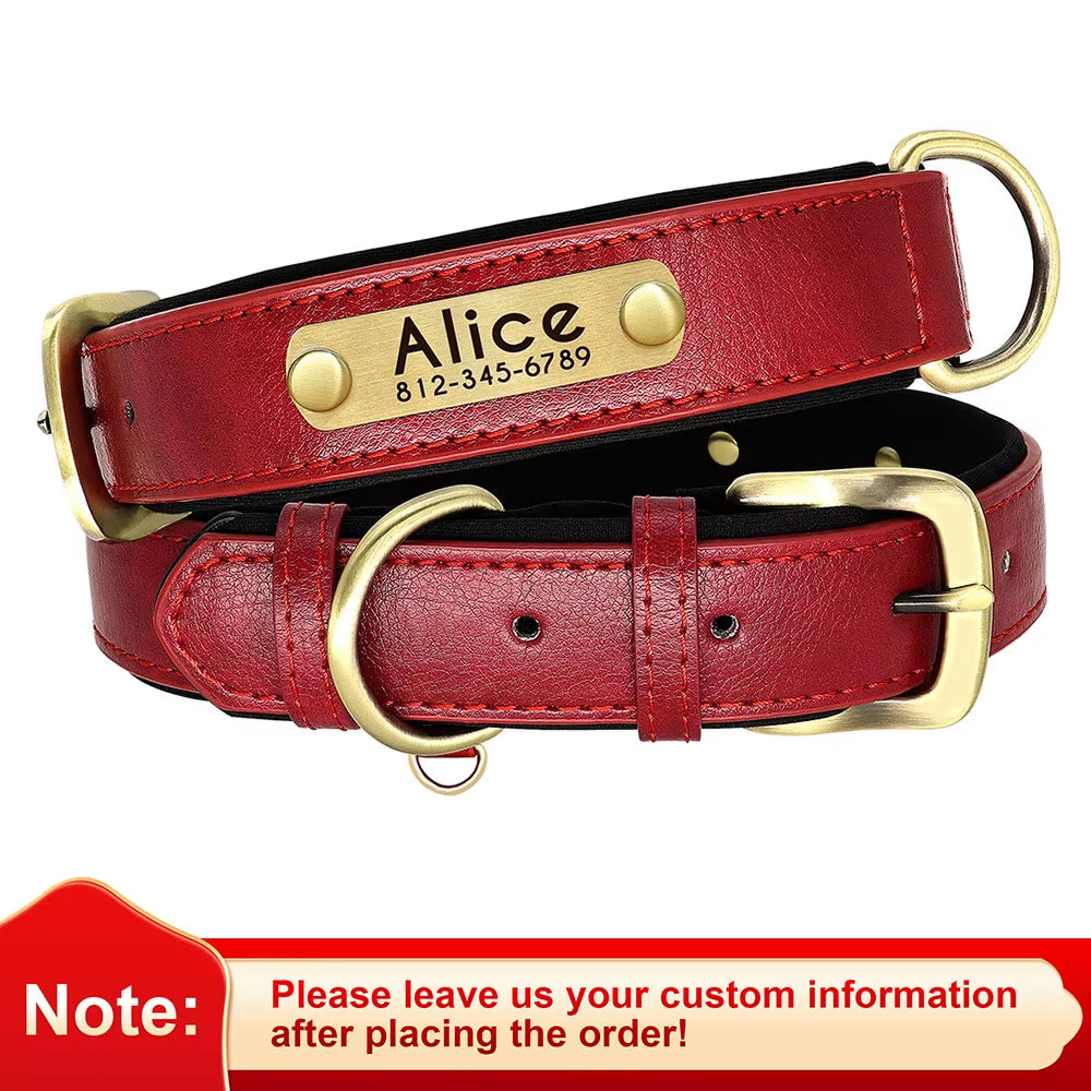 Personalized PU Leather Dog Collar with Soft Padding and Free Engraving for Small to Large Dogs - Adjustable Design