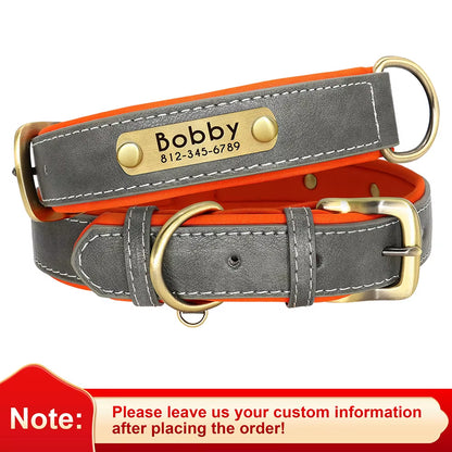Personalized PU Leather Dog Collar with Soft Padding and Free Engraving for Small to Large Dogs - Adjustable Design