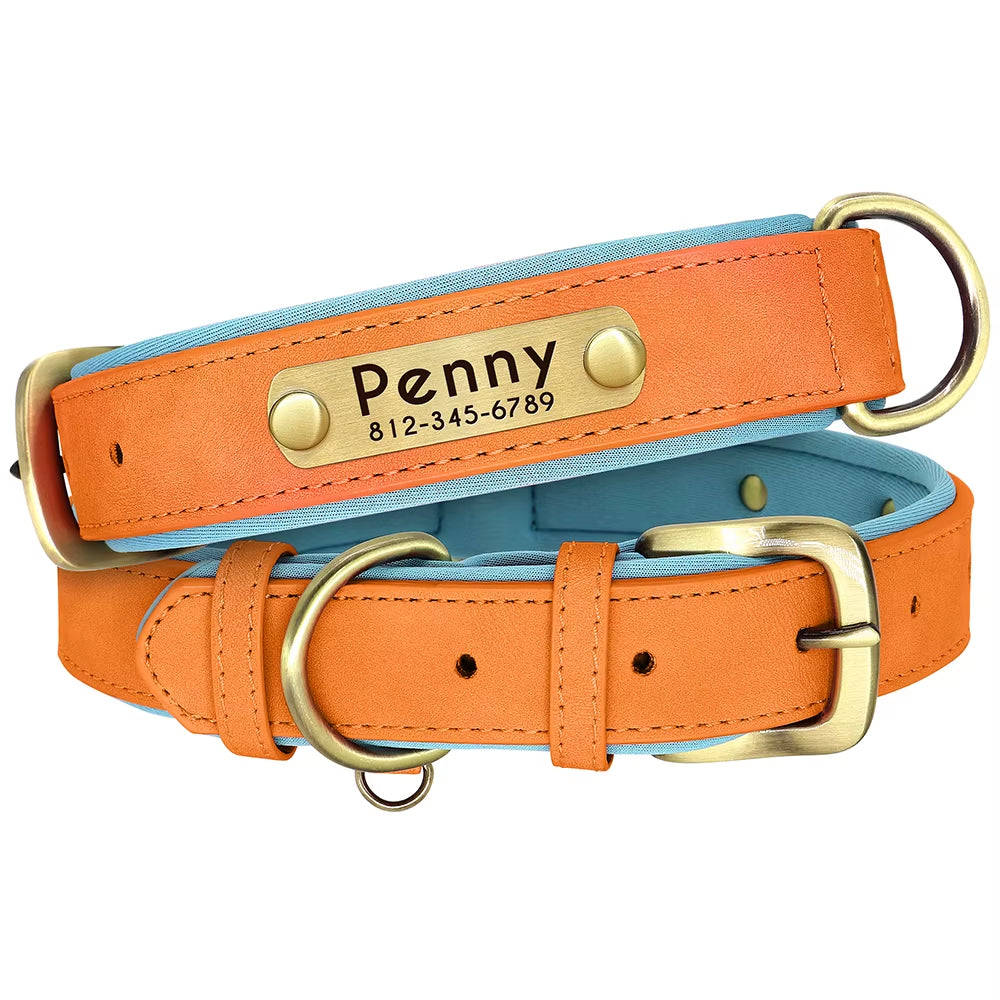 Personalized PU Leather Dog Collar with Soft Padding and Free Engraving for Small to Large Dogs - Adjustable Design