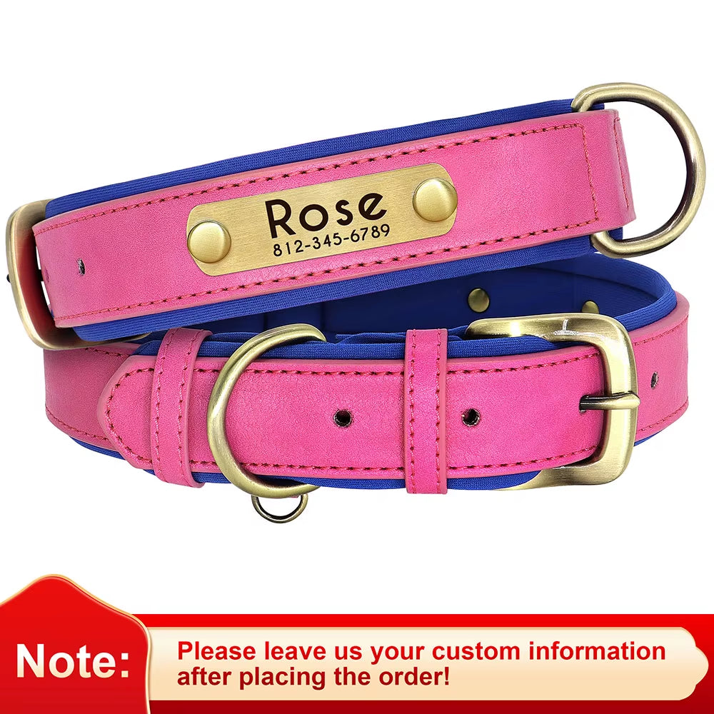 Personalized PU Leather Dog Collar with Soft Padding and Free Engraving for Small to Large Dogs - Adjustable Design