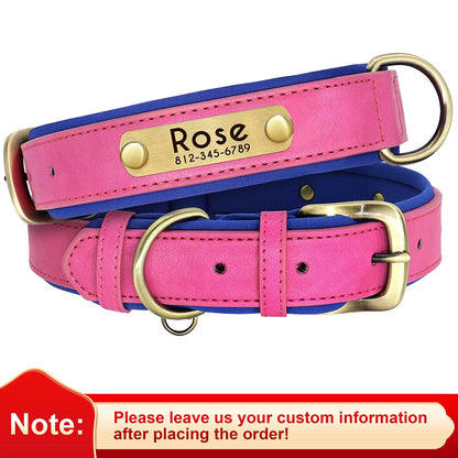 Personalized PU Leather Dog Collar with Soft Padding and Free Engraving for Small to Large Dogs - Adjustable Design