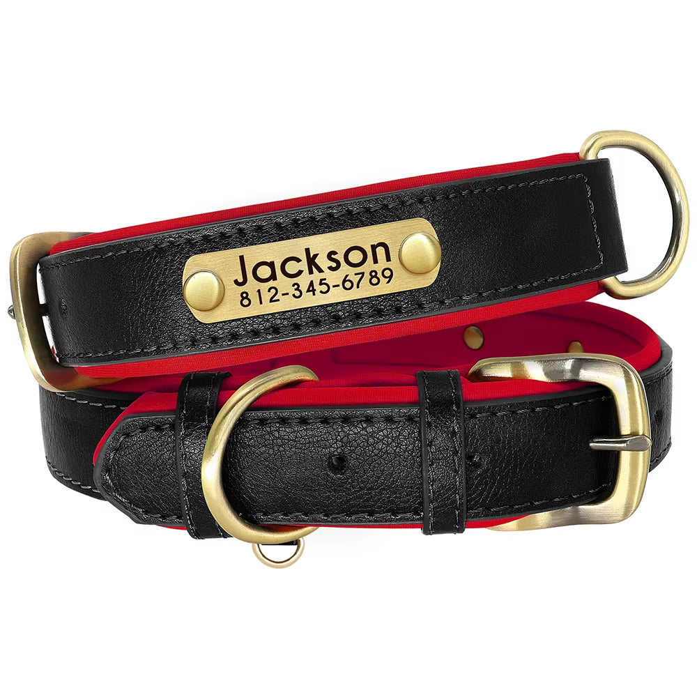Personalized PU Leather Dog Collar with Soft Padding and Free Engraving for Small to Large Dogs - Adjustable Design